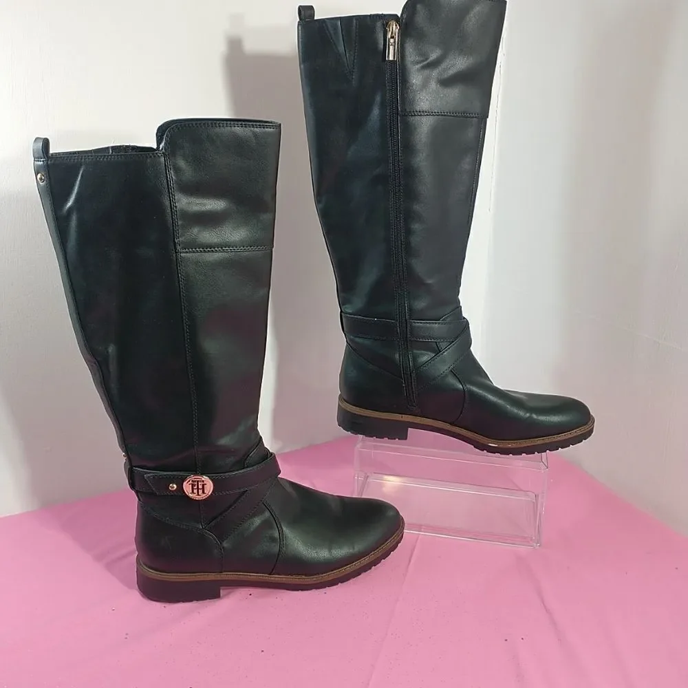 Tommy Hilfiger Womens SZ 9.5M Black Leather Knee-High Riding Boots With Zipper .